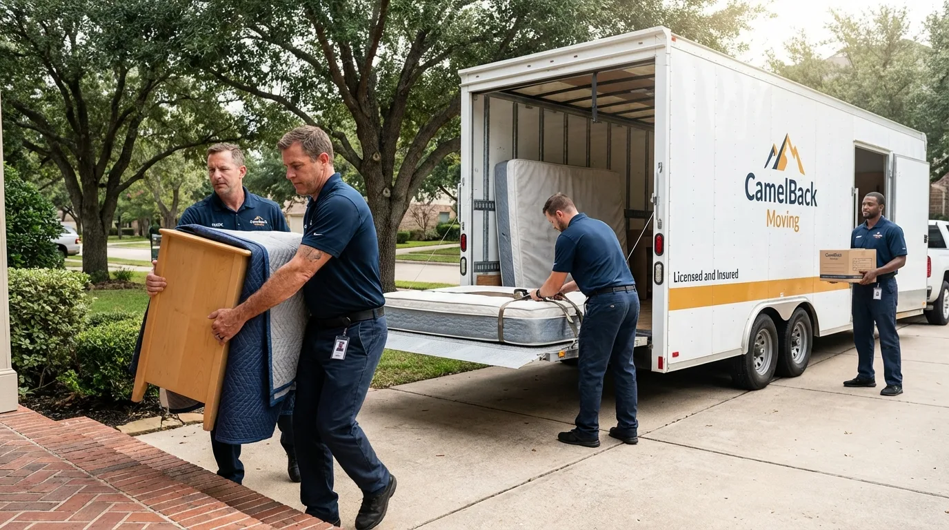 Crew loading residential truck for cross-state move from Weed, CA