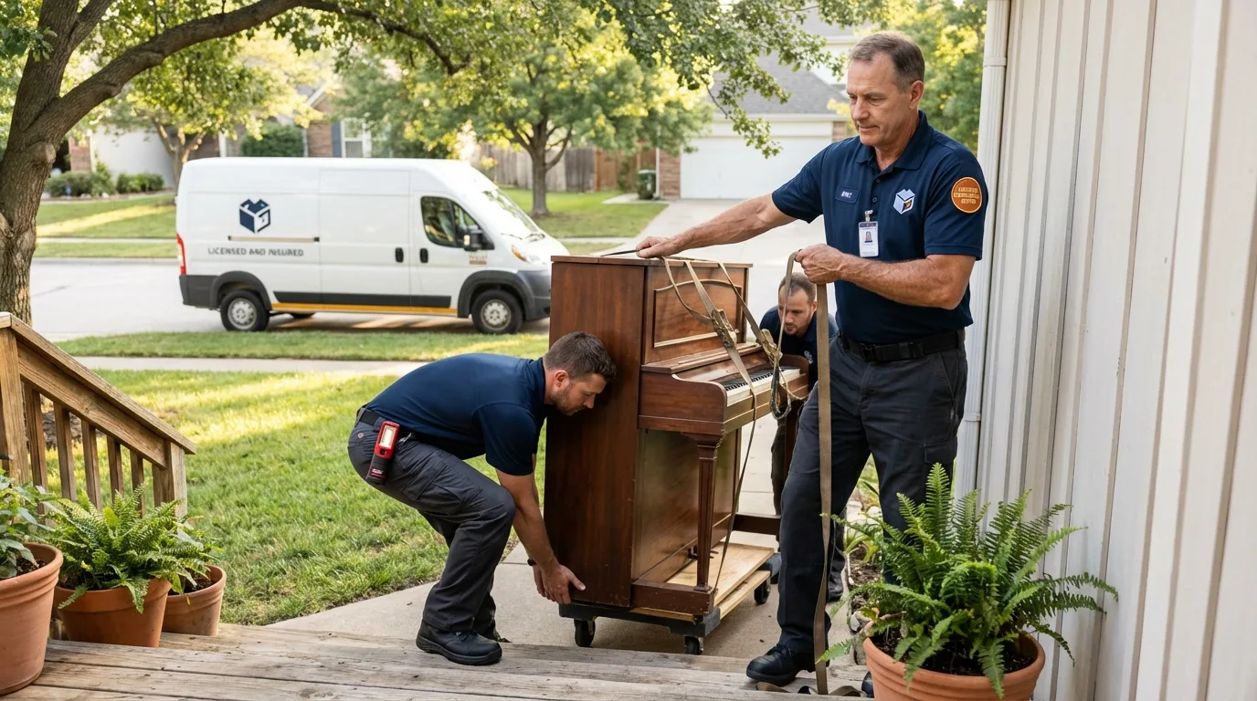 Licensed piano movers securing grand piano in Weed, CA