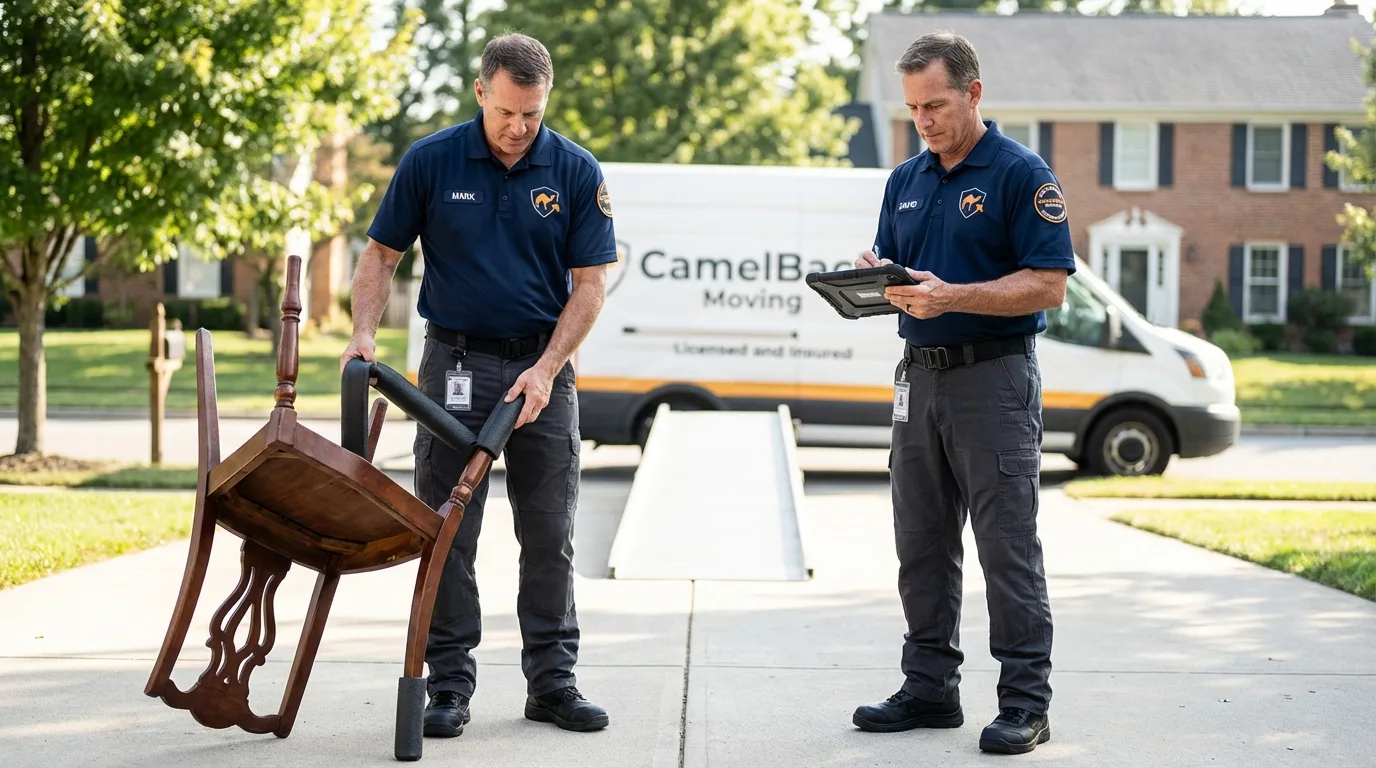 Movers inspecting furniture for damage prevention before loading in Weed, CA