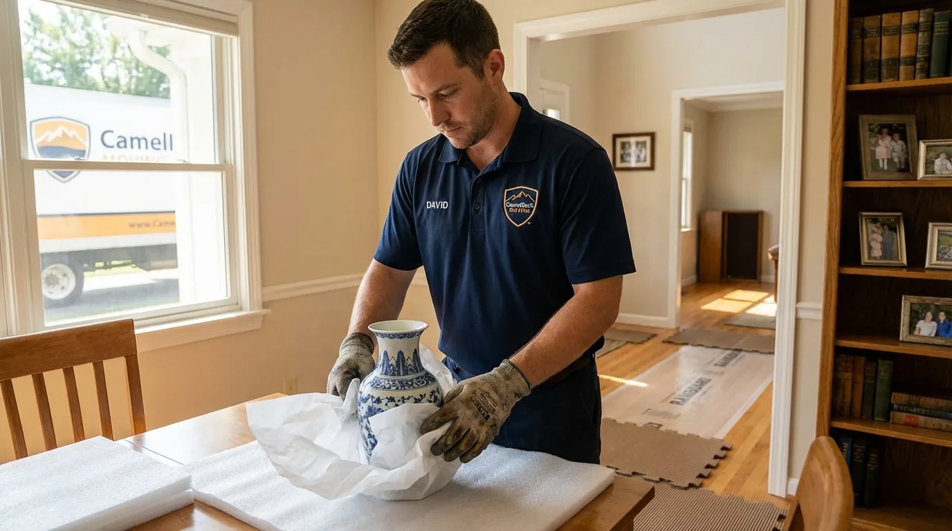 Professional crew carefully wrapping antique vase for senior downsizing move in Weed, CA
