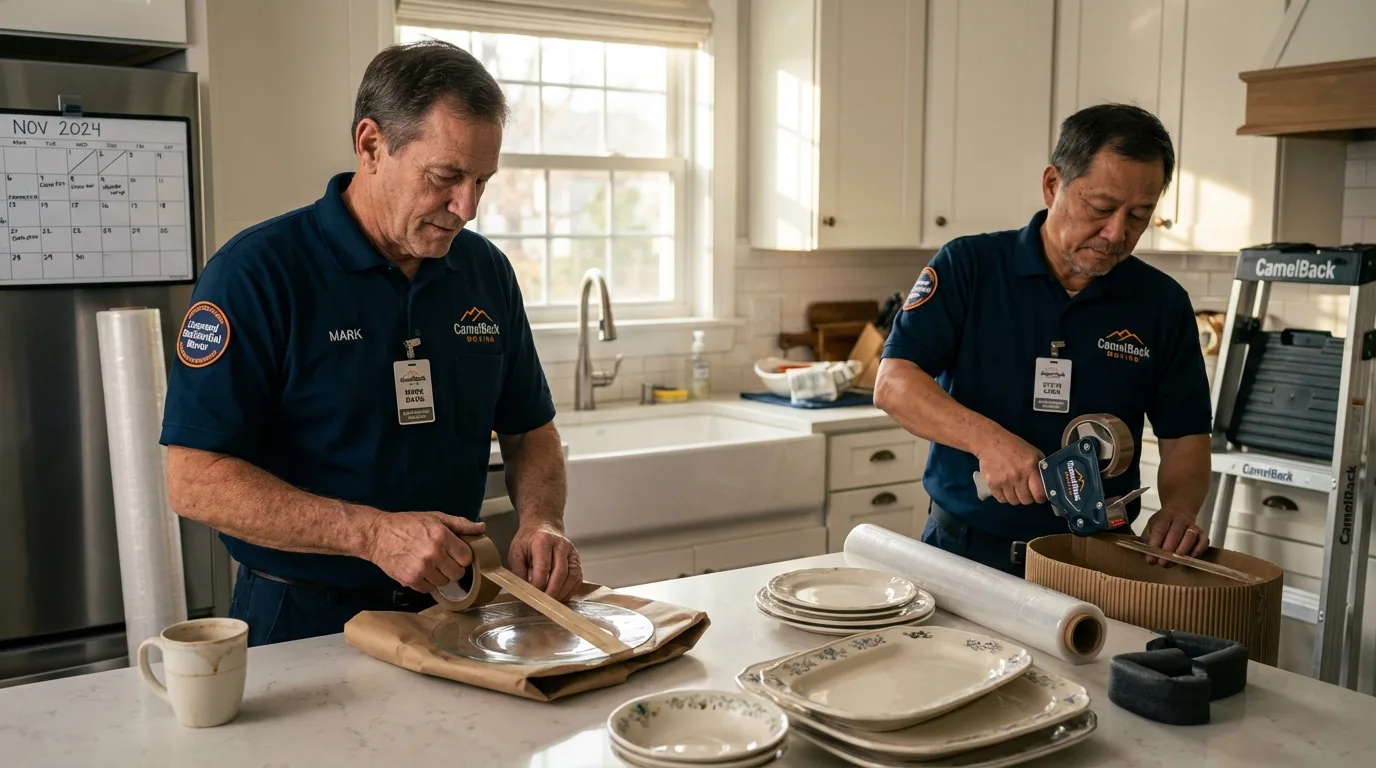 Professional crew packing kitchen dishware in Weed, CA